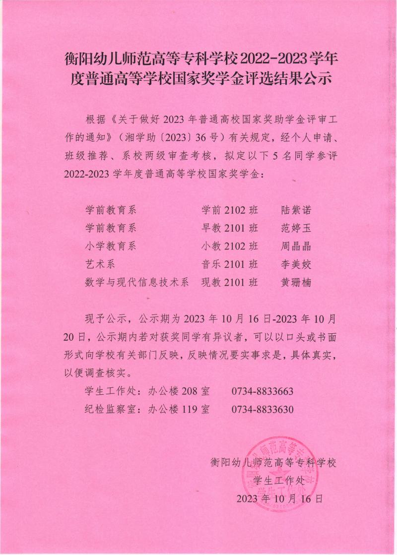 2022-2023學年度普通高等學校國家獎學金評選結(jié)果公示——衡陽幼兒師范高等?？茖W校.jpeg