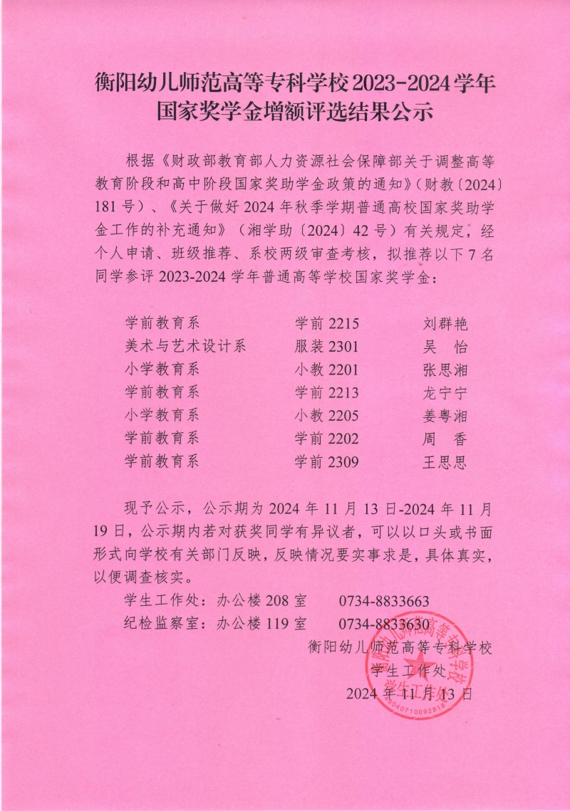 2023-2024學(xué)年普通高等學(xué)校國家獎學(xué)金增額評選結(jié)果公示——衡陽幼兒師范高等專科學(xué)校.jpeg