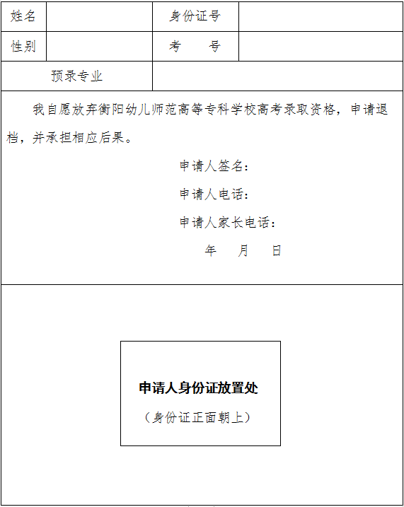 自愿放棄衡陽幼兒師范高等專科學校2020年高考錄取資格申請表